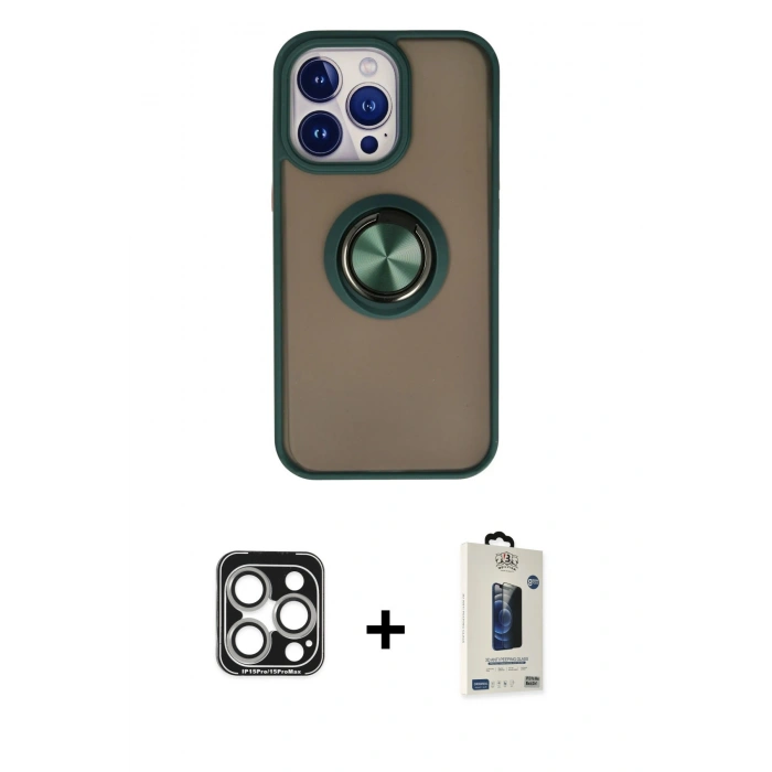 MARSİLYAN™- iPhone 15 Pro Max Kılıf Yörünge Çizgi - Siyah Bilvis Hayalet Cam Ekran Koruyucu + PVD Metal Kamera Lens - GS