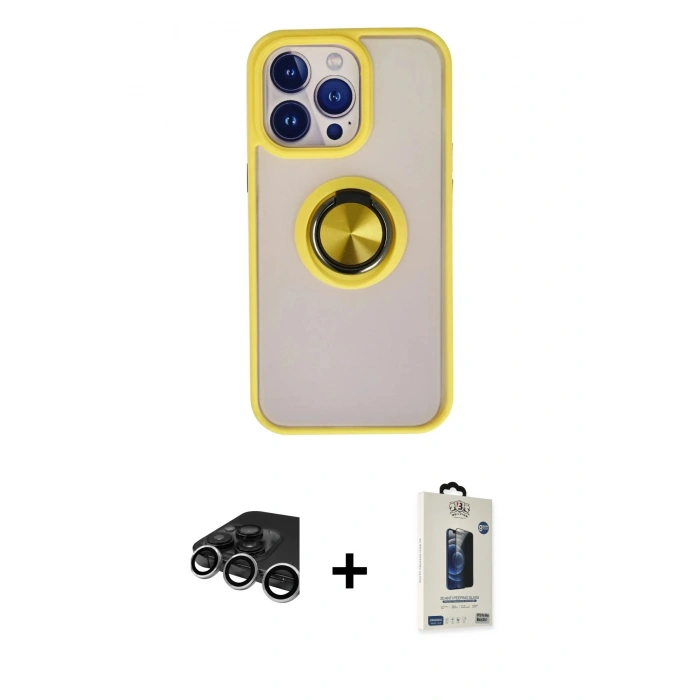 MARSİLYAN™- iPhone 15 Pro Max Kılıf Yörünge Çizgi - Siyah Bilvis Hayalet Cam Ekran Koruyucu + Raze Metal Kamera Lens - GS