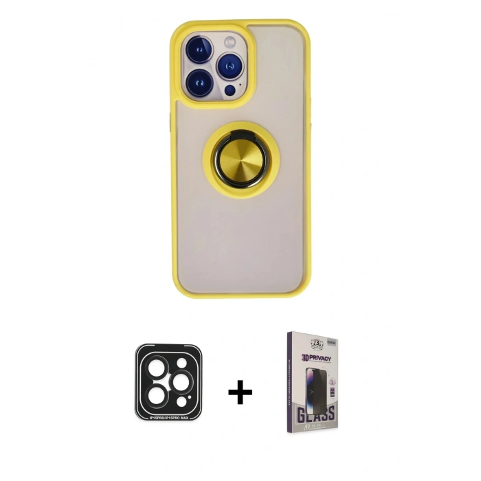 MARSİLYAN™- iPhone 15 Pro Max Kılıf Yörünge Çizgi - Siyah Bilvis Hayalet Cam Ekran Koruyucu + PVD Metal Kamera Lens - SH