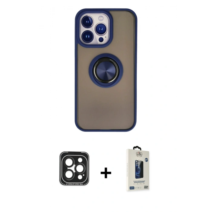 MARSİLYAN™- iPhone 15 Pro Max Kılıf Yörünge Çizgi - Siyah Bilvis Hayalet Cam Ekran Koruyucu + PVD Metal Kamera Lens - SH