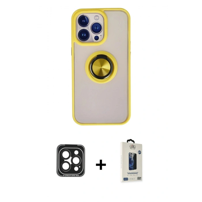 MARSİLYAN™- iPhone 15 Pro Max Kılıf Yörünge Çizgi - Siyah Bilvis Hayalet Cam Ekran Koruyucu + PVD Metal Kamera Lens - SH
