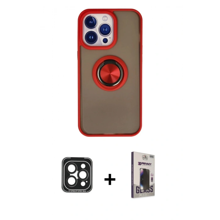 MARSİLYAN™- iPhone 15 Pro Max Kılıf Yörünge Çizgi - Siyah Bilvis Hayalet Cam Ekran Koruyucu + PVD Metal Kamera Lens - SH