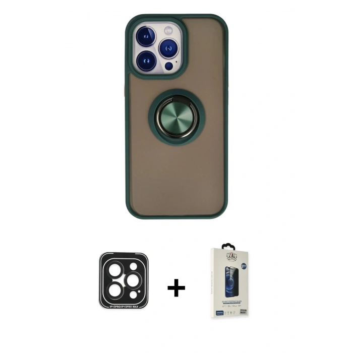 MARSİLYAN™- iPhone 15 Pro Max Kılıf Yörünge Çizgi - Siyah Bilvis Hayalet Cam Ekran Koruyucu + PVD Metal Kamera Lens - SH