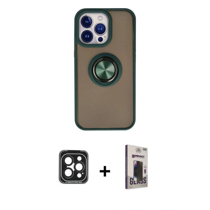 MARSİLYAN™- iPhone 15 Pro Max Kılıf Yörünge Çizgi - Siyah Bilvis Hayalet Cam Ekran Koruyucu + PVD Metal Kamera Lens - SH