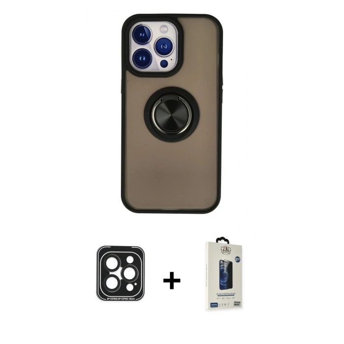 MARSİLYAN™- iPhone 15 Pro Max Kılıf Yörünge Çizgi - Siyah Bilvis Hayalet Cam Ekran Koruyucu + PVD Metal Kamera Lens - SH