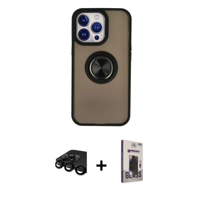MARSİLYAN™- iPhone 15 Pro Max Kılıf Yörünge Çizgi - Siyah Bilvis Hayalet Cam Ekran Koruyucu + Raze Metal Kamera Lens - SH