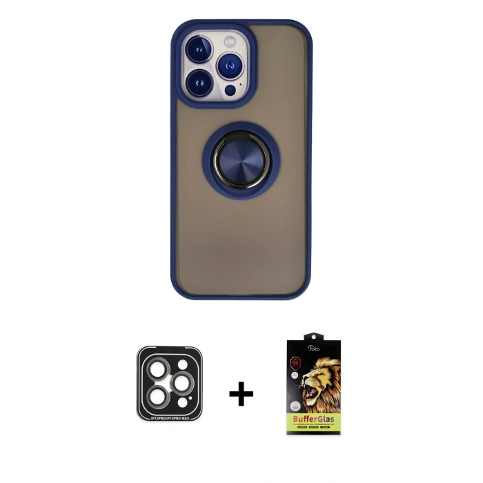 MARSİLYAN™- iPhone 15 Pro Max Kılıf Yörünge Çizgi - Siyah Buffer Cam Ekran Koruyucu + PVD Metal Kamera Lens - GI