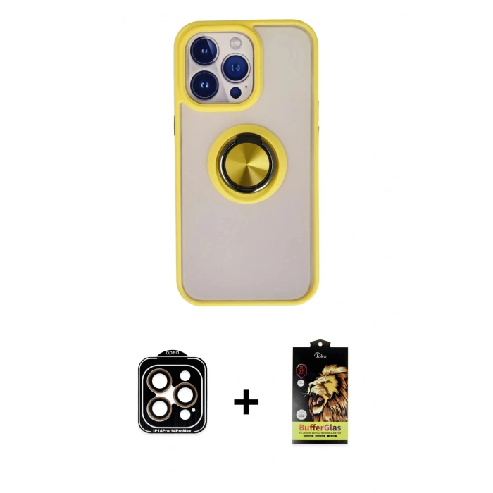 MARSİLYAN™- iPhone 15 Pro Max Kılıf Yörünge Çizgi - Siyah Buffer Cam Ekran Koruyucu + PVD Metal Kamera Lens - TU