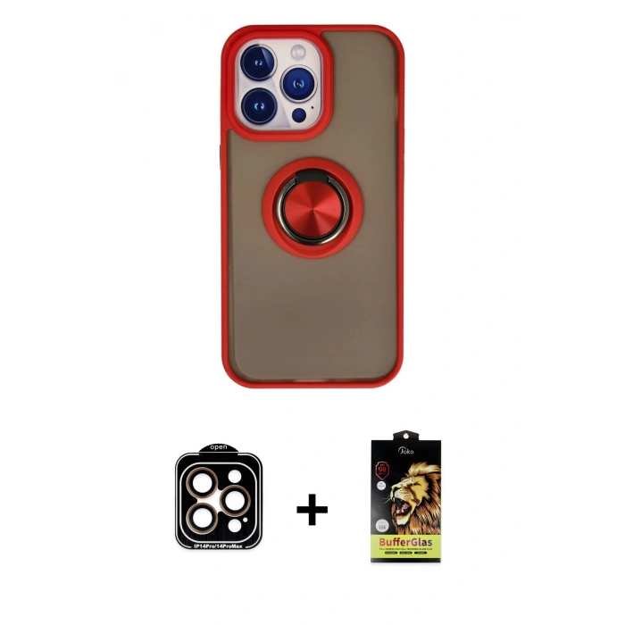 MARSİLYAN™- iPhone 15 Pro Max Kılıf Yörünge Çizgi - Siyah Buffer Cam Ekran Koruyucu + PVD Metal Kamera Lens - TU