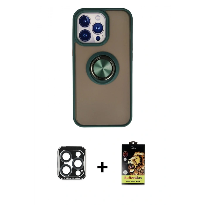 MARSİLYAN™- iPhone 15 Pro Max Kılıf Yörünge Çizgi - Siyah Buffer Cam Ekran Koruyucu + PVD Metal Kamera Lens - LT