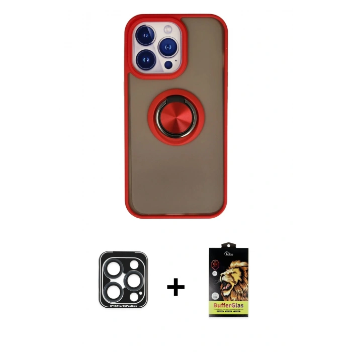 MARSİLYAN™- iPhone 15 Pro Max Kılıf Yörünge Çizgi - Siyah Buffer Cam Ekran Koruyucu + PVD Metal Kamera Lens - LT