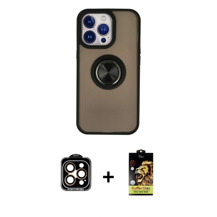 MARSİLYAN™- iPhone 15 Pro Max Kılıf Yörünge Çizgi - Siyah Buffer Cam Ekran Koruyucu + PVD Metal Kamera Lens - TU
