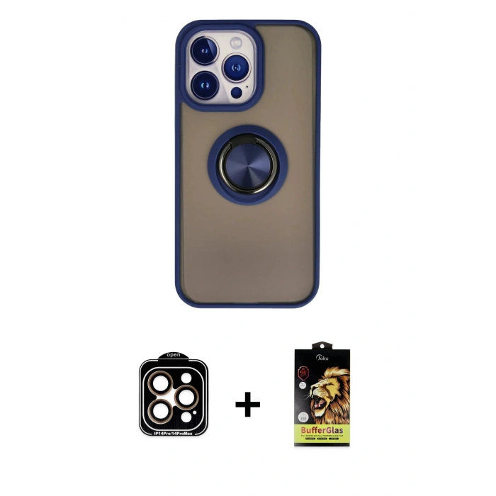 MARSİLYAN™- iPhone 15 Pro Max Kılıf Yörünge Çizgi - Siyah Buffer Cam Ekran Koruyucu + PVD Metal Kamera Lens - TU