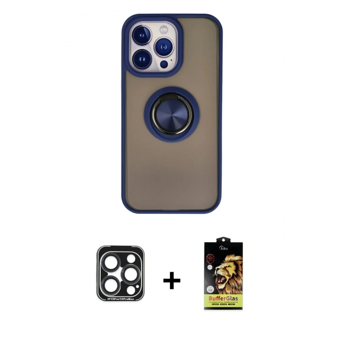 MARSİLYAN™- iPhone 15 Pro Max Kılıf Yörünge Çizgi - Siyah Buffer Cam Ekran Koruyucu + PVD Metal Kamera Lens - LT