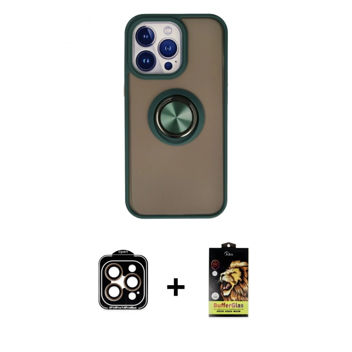 MARSİLYAN™- iPhone 15 Pro Max Kılıf Yörünge Çizgi - Siyah Buffer Cam Ekran Koruyucu + PVD Metal Kamera Lens - TU