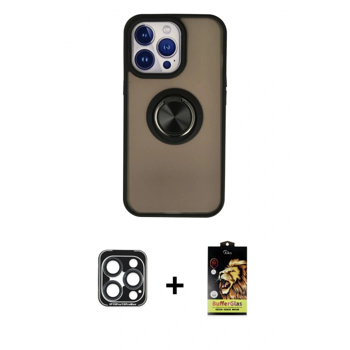 MARSİLYAN™- iPhone 15 Pro Max Kılıf Yörünge Çizgi - Siyah Buffer Cam Ekran Koruyucu + PVD Metal Kamera Lens - LT