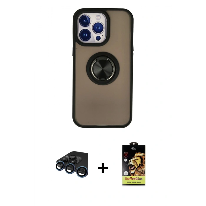 MARSİLYAN™- iPhone 15 Pro Max Kılıf Yörünge Çizgi - Siyah Buffer Cam Ekran Koruyucu + Raze Metal Kamera Lens - LT