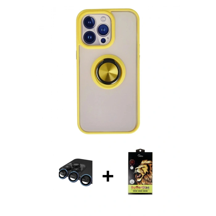 MARSİLYAN™- iPhone 15 Pro Max Kılıf Yörünge Çizgi - Siyah Buffer Cam Ekran Koruyucu + Raze Metal Kamera Lens - LT