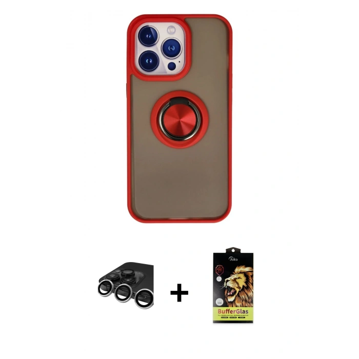 MARSİLYAN™- iPhone 15 Pro Max Kılıf Yörünge Çizgi - Siyah Buffer Cam Ekran Koruyucu + Raze Metal Kamera Lens - GS
