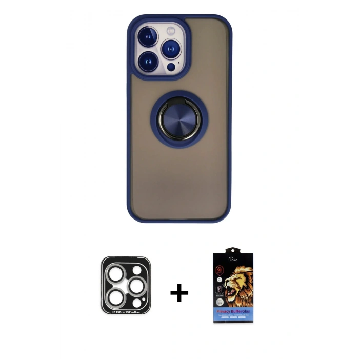 MARSİLYAN™- iPhone 15 Pro Max Kılıf Yörünge Çizgi - Siyah Buffer Hayalet Cam Ekran Koruyucu + PVD Metal Kamera Lens - GS