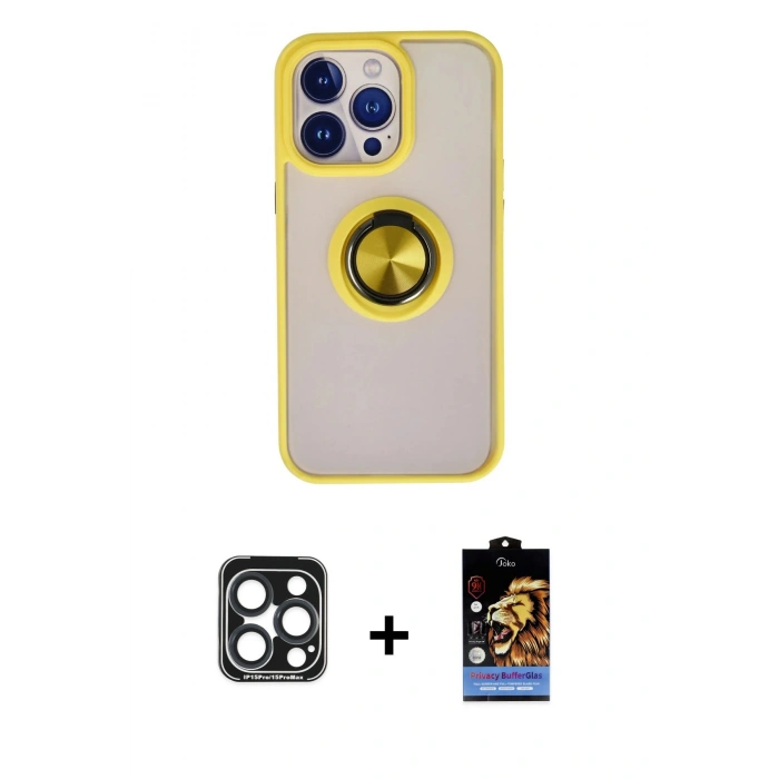 MARSİLYAN™- iPhone 15 Pro Max Kılıf Yörünge Çizgi - Siyah Buffer Hayalet Cam Ekran Koruyucu + PVD Metal Kamera Lens - LT