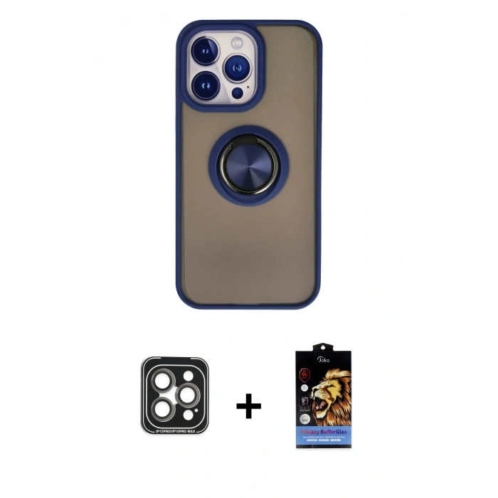 MARSİLYAN™- iPhone 15 Pro Max Kılıf Yörünge Çizgi - Siyah Buffer Hayalet Cam Ekran Koruyucu + PVD Metal Kamera Lens - GI