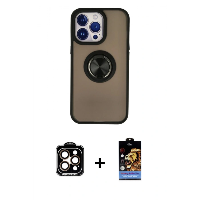 MARSİLYAN™- iPhone 15 Pro Max Kılıf Yörünge Çizgi - Siyah Buffer Hayalet Cam Ekran Koruyucu + PVD Metal Kamera Lens - TU