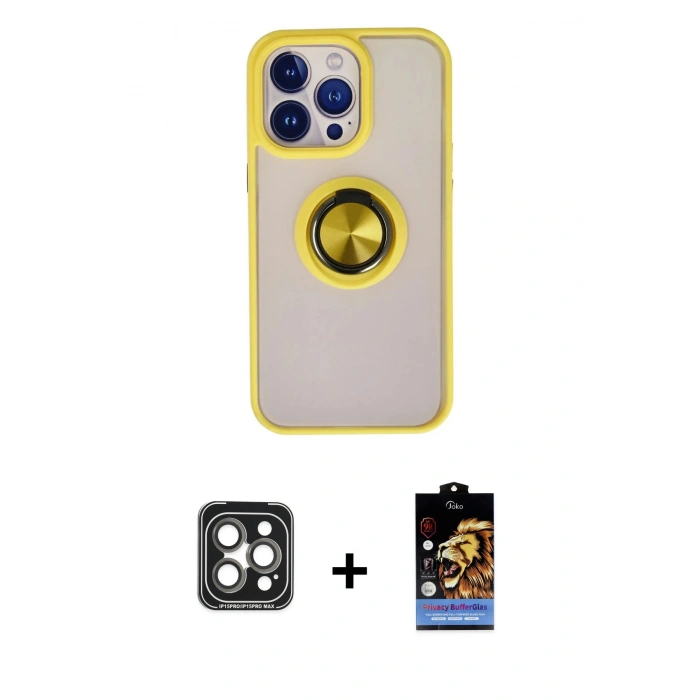 MARSİLYAN™- iPhone 15 Pro Max Kılıf Yörünge Çizgi - Siyah Buffer Hayalet Cam Ekran Koruyucu + PVD Metal Kamera Lens - GI