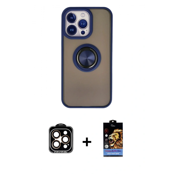 MARSİLYAN™- iPhone 15 Pro Max Kılıf Yörünge Çizgi - Siyah Buffer Hayalet Cam Ekran Koruyucu + PVD Metal Kamera Lens - TU