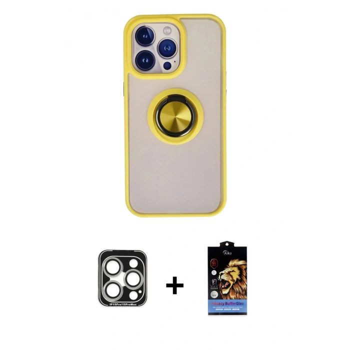 MARSİLYAN™- iPhone 15 Pro Max Kılıf Yörünge Çizgi - Siyah Buffer Hayalet Cam Ekran Koruyucu + PVD Metal Kamera Lens - GS