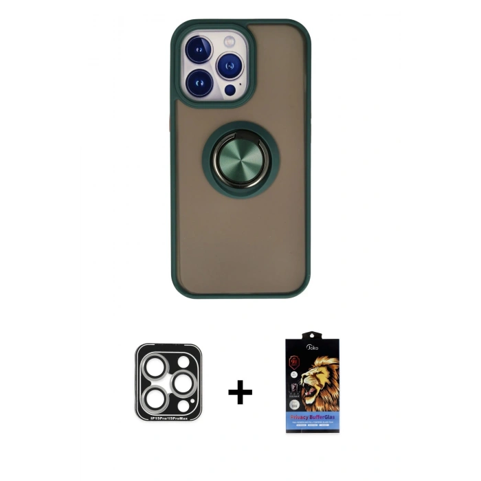 MARSİLYAN™- iPhone 15 Pro Max Kılıf Yörünge Çizgi - Siyah Buffer Hayalet Cam Ekran Koruyucu + PVD Metal Kamera Lens - GS