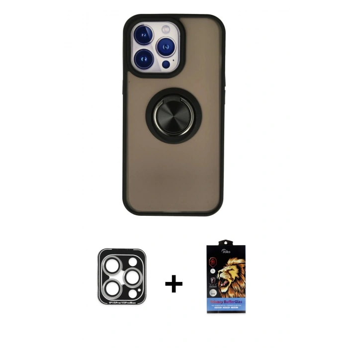 MARSİLYAN™- iPhone 15 Pro Max Kılıf Yörünge Çizgi - Siyah Buffer Hayalet Cam Ekran Koruyucu + PVD Metal Kamera Lens - GS