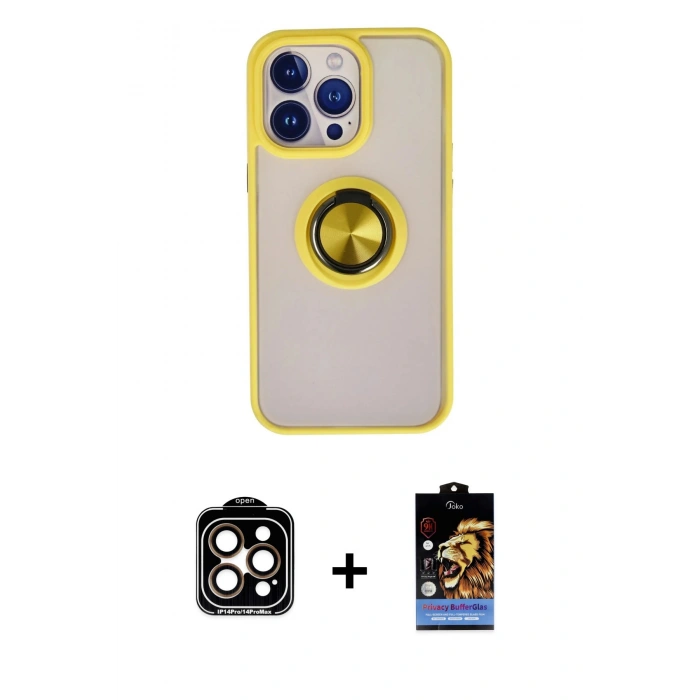 MARSİLYAN™- iPhone 15 Pro Max Kılıf Yörünge Çizgi - Siyah Buffer Hayalet Cam Ekran Koruyucu + PVD Metal Kamera Lens - TU
