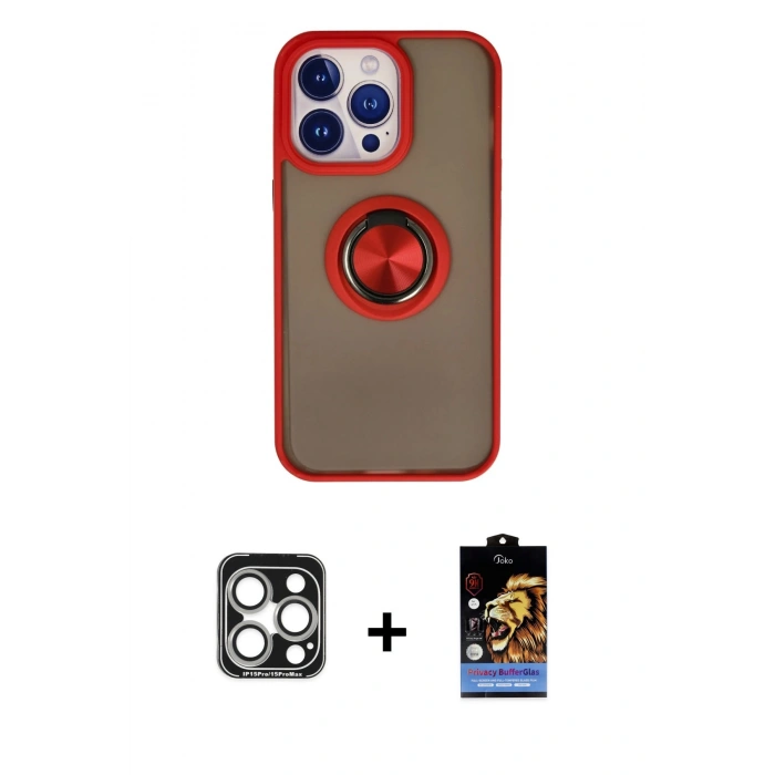 MARSİLYAN™- iPhone 15 Pro Max Kılıf Yörünge Çizgi - Siyah Buffer Hayalet Cam Ekran Koruyucu + PVD Metal Kamera Lens - GS