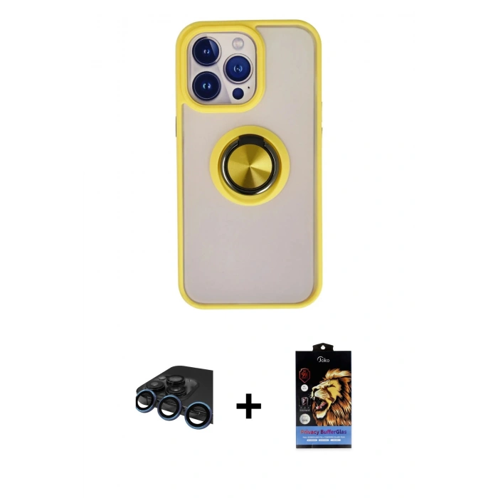 MARSİLYAN™- iPhone 15 Pro Max Kılıf Yörünge Çizgi - Siyah Buffer Hayalet Cam Ekran Koruyucu + Raze Metal Kamera Lens - LT