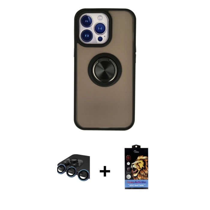 MARSİLYAN™- iPhone 15 Pro Max Kılıf Yörünge Çizgi - Siyah Buffer Hayalet Cam Ekran Koruyucu + Raze Metal Kamera Lens - LT