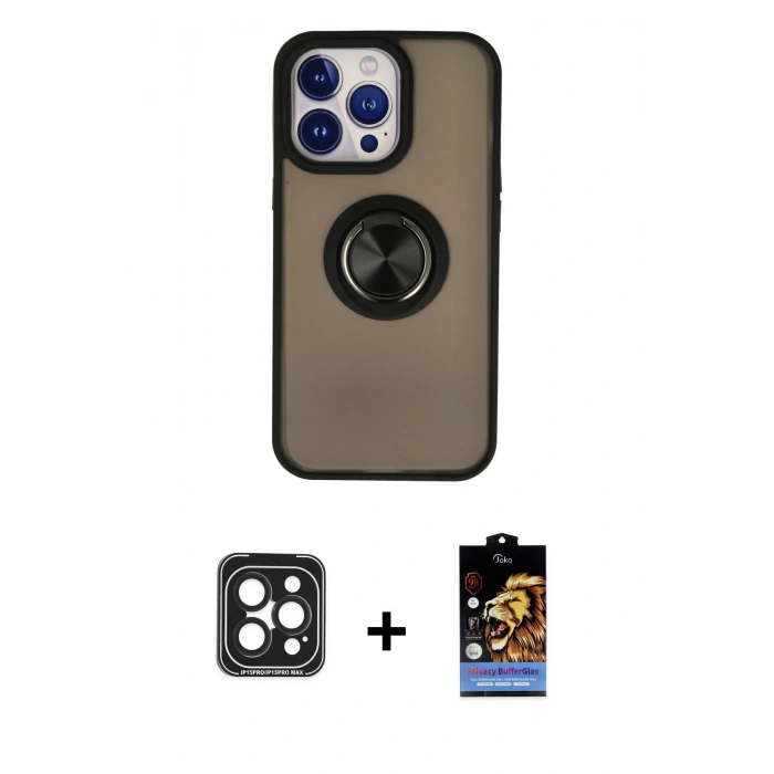 MARSİLYAN™- iPhone 15 Pro Max Kılıf Yörünge Çizgi - Siyah Buffer Hayalet Cam Ekran Koruyucu + PVD Metal Kamera Lens - SH