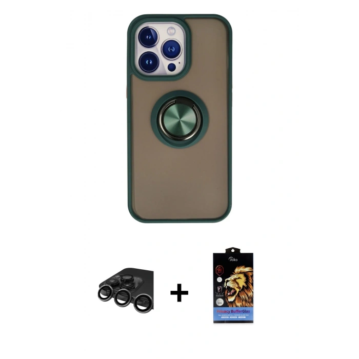 MARSİLYAN™- iPhone 15 Pro Max Kılıf Yörünge Çizgi - Siyah Buffer Hayalet Cam Ekran Koruyucu + Titanyum Gri Raze Metal Kamera Lens