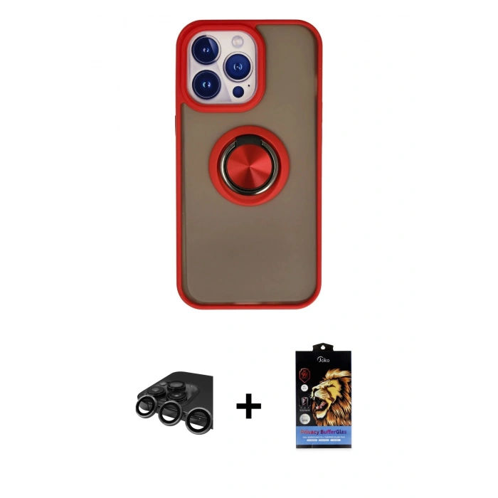 MARSİLYAN™- iPhone 15 Pro Max Kılıf Yörünge Çizgi - Siyah Buffer Hayalet Cam Ekran Koruyucu + Titanyum Gri Raze Metal Kamera Lens
