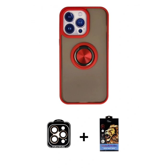 MARSİLYAN™- iPhone 15 Pro Max Kılıf Yörünge Çizgi - Siyah Buffer Hayalet Cam Ekran Koruyucu + PVD Metal Kamera Lens - TU