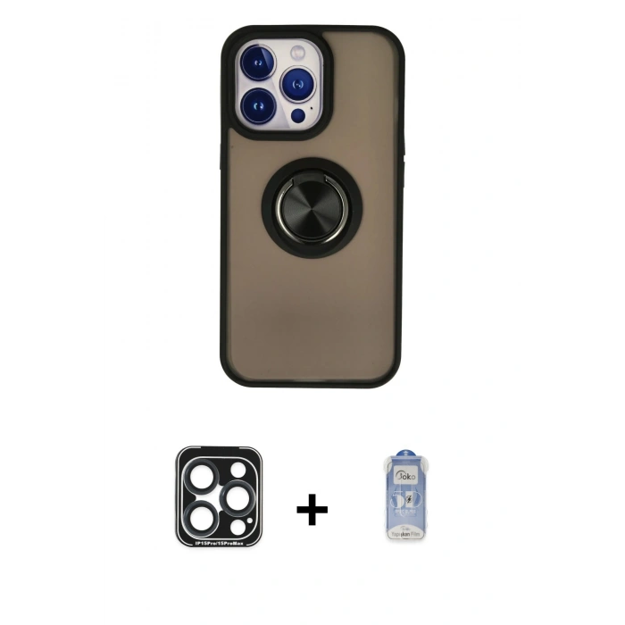 MARSİLYAN™- iPhone 15 Pro Max Kılıf Yörünge Çizgi - Siyah Joko Magic 5D Cam + Lacivert PVD Metal Kamera Lens
