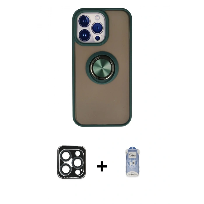 MARSİLYAN™- iPhone 15 Pro Max Kılıf Yörünge Çizgi - Siyah Joko Magic 5D Cam + Lacivert PVD Metal Kamera Lens