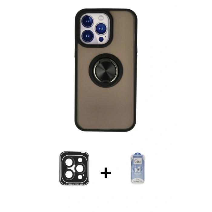 MARSİLYAN™- iPhone 15 Pro Max Kılıf Yörünge Çizgi - Siyah Joko Magic 5D Cam + PVD Metal Kamera Lens - SH