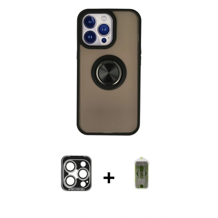 MARSİLYAN™- iPhone 15 Pro Max Kılıf Yörünge Çizgi - Siyah Joko Magic 5D Hayalet Cam + PVD Metal Kamera Lens - GS