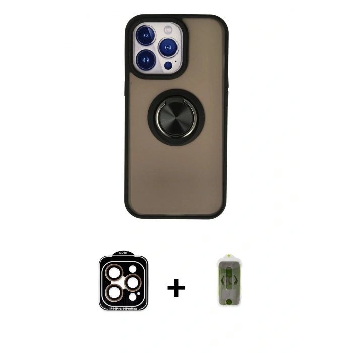 MARSİLYAN™- iPhone 15 Pro Max Kılıf Yörünge Çizgi - Siyah Joko Magic 5D Hayalet Cam + PVD Metal Kamera Lens - TU