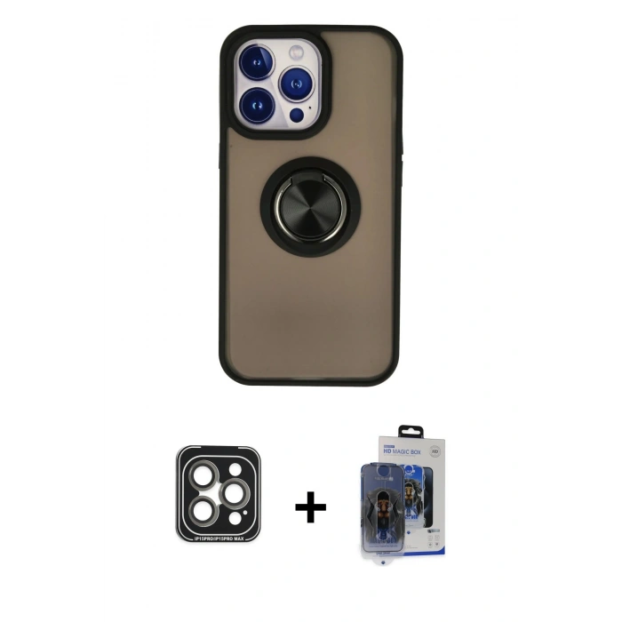 MARSİLYAN™- iPhone 15 Pro Max Kılıf Yörünge Çizgi - Siyah Vanessa Magic Cam + PVD Metal Kamera Lens - GI