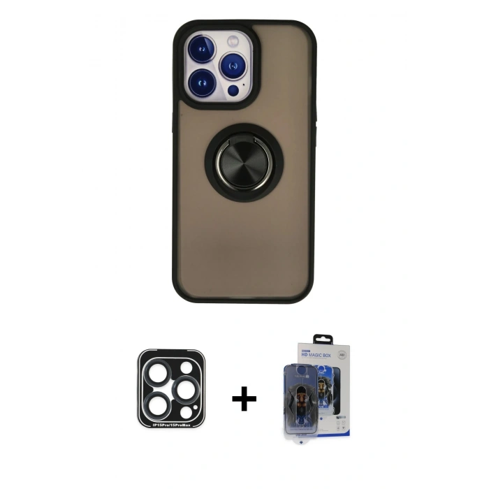 MARSİLYAN™- iPhone 15 Pro Max Kılıf Yörünge Çizgi - Siyah Vanessa Magic Cam + PVD Metal Kamera Lens - LT