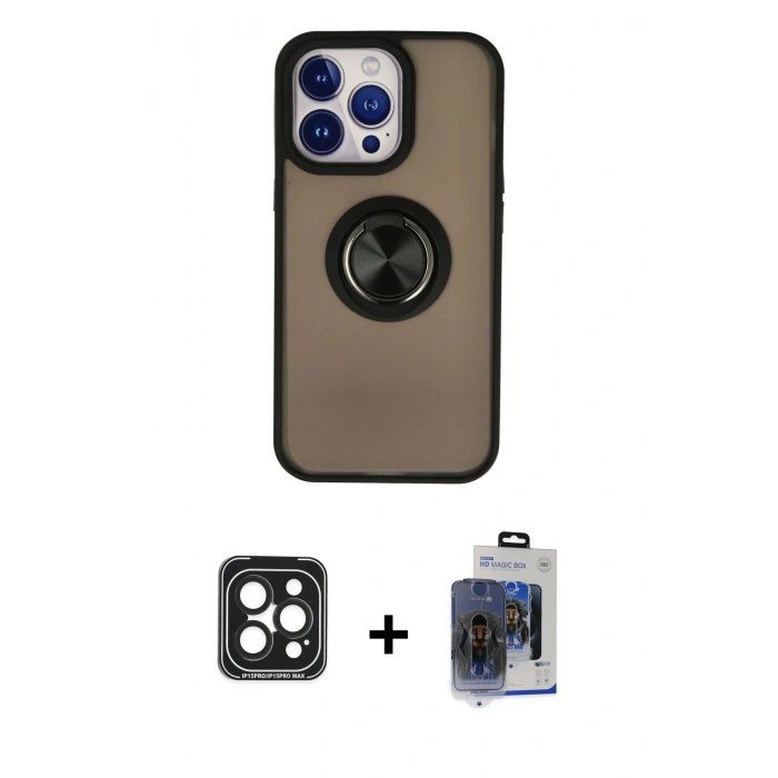 MARSİLYAN™- iPhone 15 Pro Max Kılıf Yörünge Çizgi - Siyah Vanessa Magic Cam + PVD Metal Kamera Lens - SH