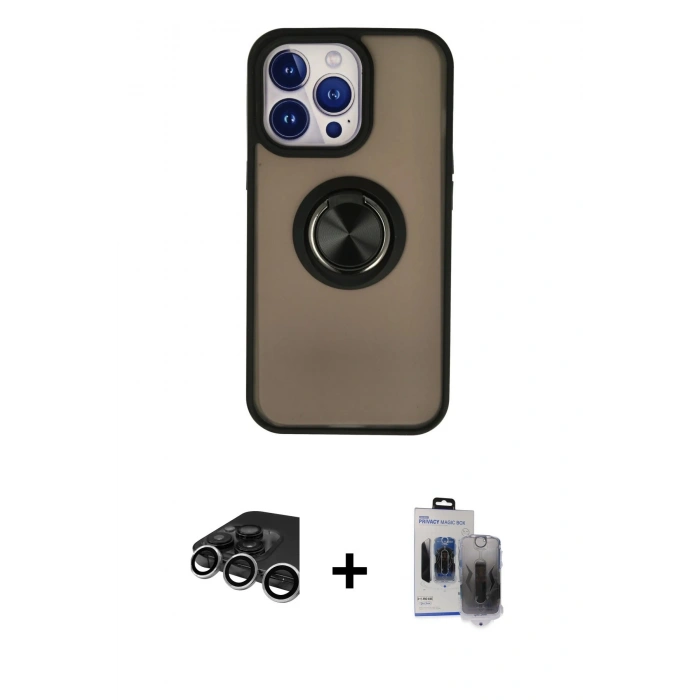 MARSİLYAN™- iPhone 15 Pro Max Kılıf Yörünge Çizgi - Siyah Vanessa Magic Hayalet Cam + Raze Metal Kamera Lens - GS