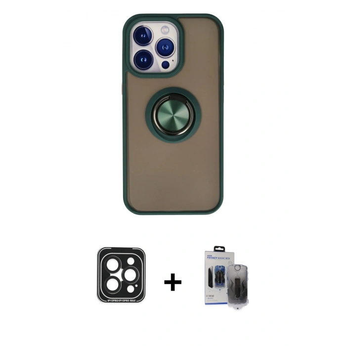 MARSİLYAN™- iPhone 15 Pro Max Kılıf Yörünge Çizgi - Siyah Vanessa Magic Hayalet Cam + PVD Metal Kamera Lens - SH